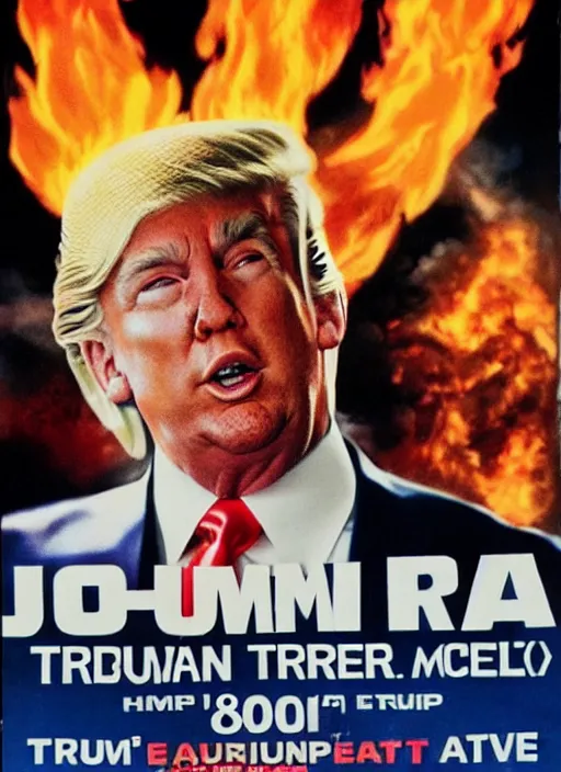 Image similar to an 8 0's john alvin action movie poster of donald trump starring in trumpster fire. dumpster explosions.