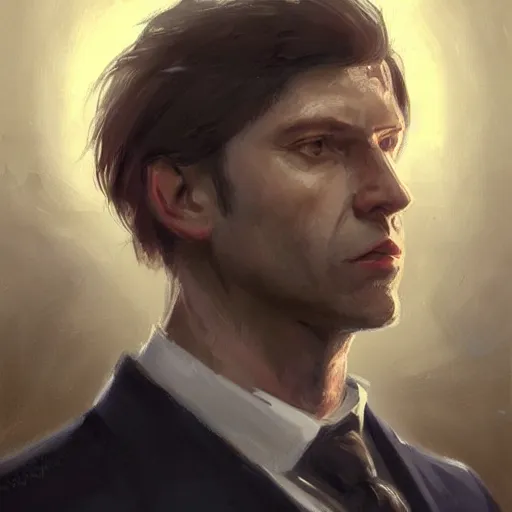 Image similar to Portrait of a man by Greg Rutkowski, he is about 40 years old, mixture between russian and irish, coiffed brown hair, attractive, bright purple eyes, extremely pale white skin, smart looking, he is wearing a black futuristic lawyer outfit, highly detailed portrait, scifi, digital painting, artstation, concept art, smooth, sharp foccus ilustration, Artstation HQ