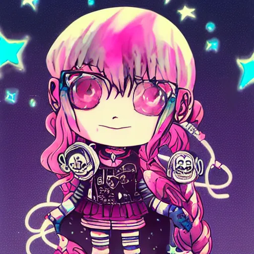 Image similar to portrait of a grungy skull anime and chibi very cute doll by super ss, cyberpunk fashion, nendoroid, kawaii, curly pink hair, night sky, looking up, swirly clouds, neon yellow stars, by wlop, james jean, victo ngai, muted colors, highly detailed