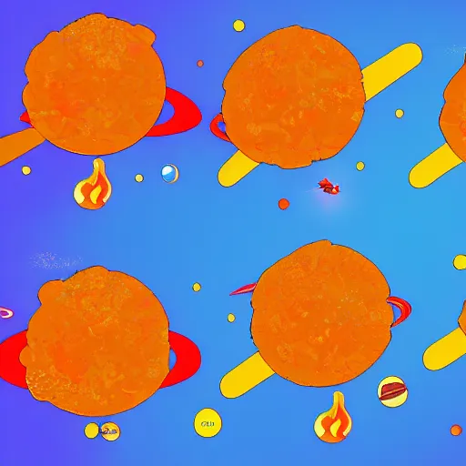 Image similar to planets orbiting around fiery fried chicken, digital art