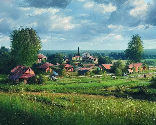 Image similar to a beautiful view of a peaceful village in ukraine. art by denys tsiperko and bogdan rezunenko, hyperrealism