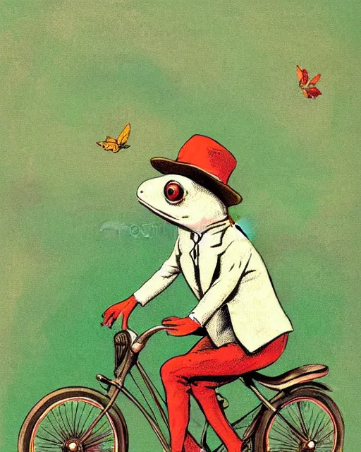 Prompt: painting 1920s Frog in vintage suit riding on bike Illustration from children book Vintage, soft light by Beatrix Potter and Alexander Trufanov and Andrei Riabovitchev and Monia Merlo