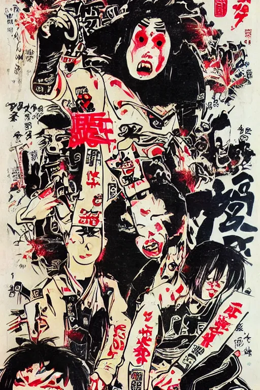 Prompt: japanese graffiti horror vhs cover art, detailed facial expressions