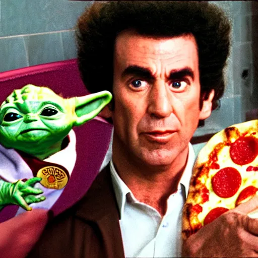 Image similar to cosmo Kramer from Seinfeld holding baby Yoda inside of a pizza hut, realistic, unreal, cinematic
