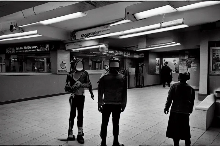 Prompt: fencers wearing fencing mask in subway, ominous lighting, richard avedon, tri - x pan