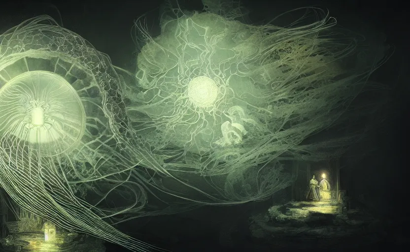 Prompt: the night of the 5 murderous sorcerers. intricate, centered, amazing composition by amano yoshitaka, by rembrandt, illustrious makinami, digital art, digital painting, artstation trending, unreal engine, fractal flame, transparent jellyfish, transparent feathers, bio luminescent, ice, water, leds