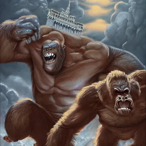 Prompt: angry king kong attacks winter kremlin, digital painting, very detailed environment, art by artgerm and boris vallejo