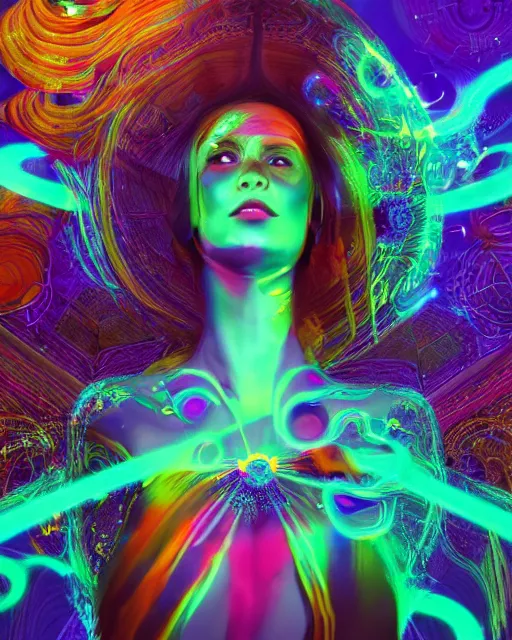 Image similar to a powerful energy psychedelic woman, by alexander fedosav, hyper detailed digital matte painting, concept art, hyperrealism, 1 6 k resolution, cinema 4 d, 8 k resolution, trending on artstation, behance hd, a masterpiece, by stephan martiniere, particles, cel - shaded, power bright neon energy, by david a. hardy,