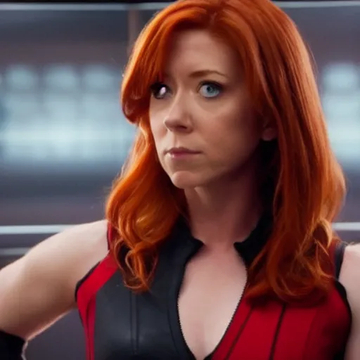 Prompt: film still of Alyson Hannigan playing Black Widow in The Avengers, 4k