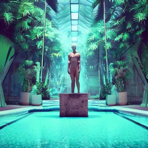 Prompt: a broken statue in a surreal underground white tiled swimming pool surrounded by neon lights and palm trees in vapor wave style, trending on artstation, 3D octane render, hyperrealistic, dramatic lighting, unreal engine, glowy, 8k, 4k, raytracing