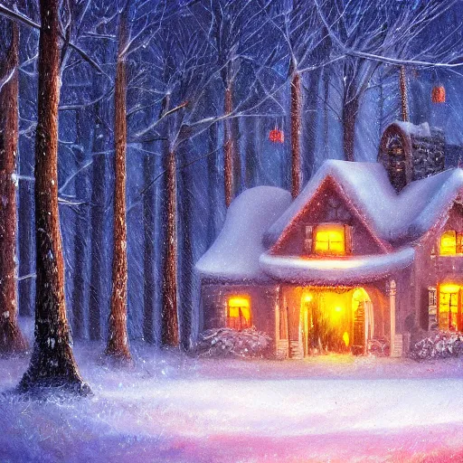 Prompt: snowy landscape with santa's house in night forest, warm light coming from the window and reflects on the snow. digital art, artstation, high details, trending, behance