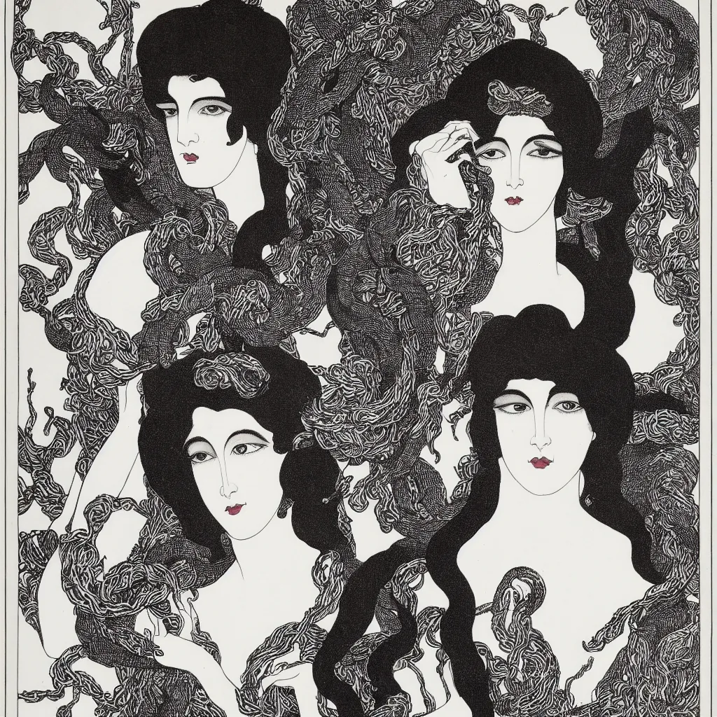 Image similar to , 4k, highly detailed, sharp focus, lithography by Aubrey Beardsley, Symmetrical portrait of a beautiful woman with snakes in her hair.