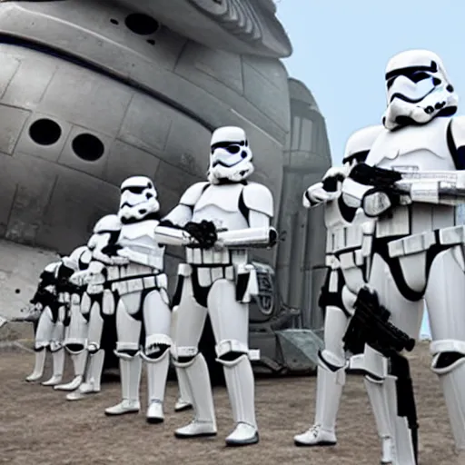 Prompt: imperial stormtroopers admiring the might of the death star scale