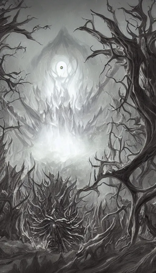 Prompt: a storm vortex made of many demonic eyes and teeth over a forest, by d & d concept artists
