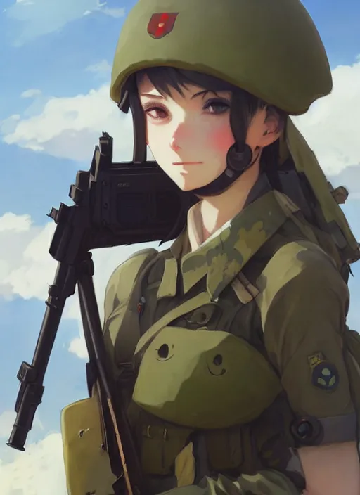 Image similar to portrait of cute soldier girl, cloudy sky background lush landscape illustration concept art anime key visual trending pixiv fanbox by wlop and greg rutkowski and makoto shinkai and studio ghibli and kyoto animation soldier clothing military gear realistic anatomy pale skin