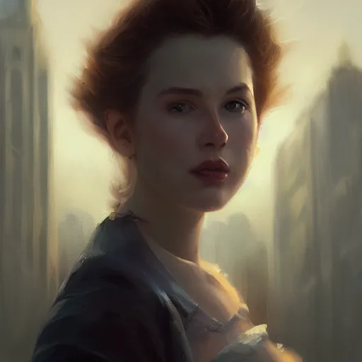 Image similar to closeup portrait of a young esme bianco, dramatic lighting, city background, night, moon, chiaroscuro, high detail, painted by greg rutkowski, painted by igor kieryluk, painted by bobby chiu, trending on artstation