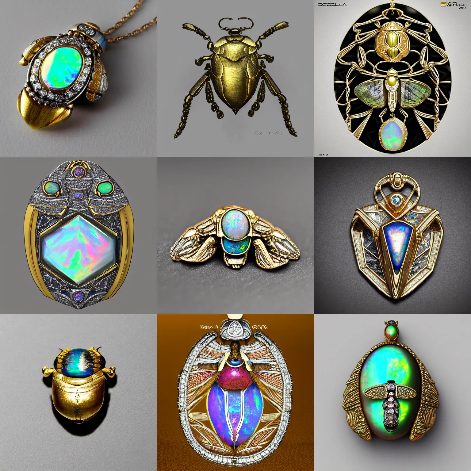 Prompt: jewelry engraved in scarab, beetle, opal diamond, art noveau, art deco, 8k , artstation, render, elegant, album art, artistic, billelis, decorative art, insanely detail, gold, artwork