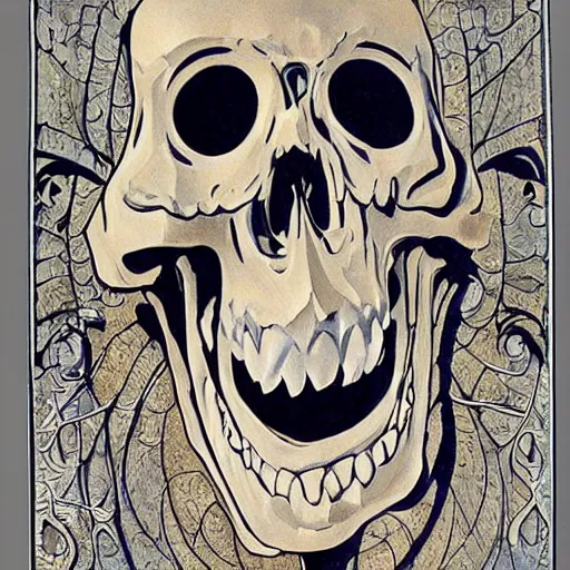 Image similar to a giant skeleton laughing, art nouveau, beautiful, detailed