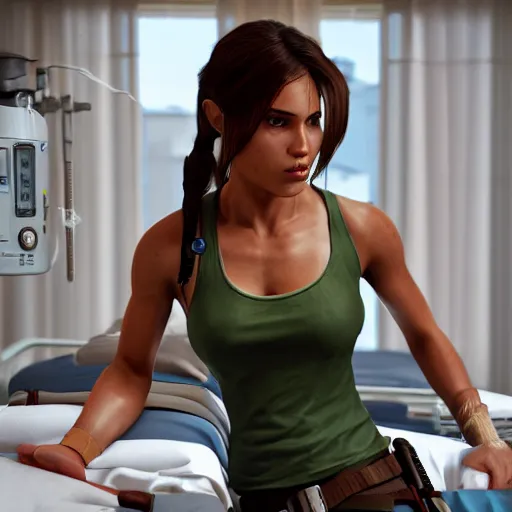 Image similar to lara croft, wearing a nurse outfit, resting on a hospital bed, real photo, hospital interior, intricate, soft lighting, cinematic composition, hyper realistic, 8k resolution, unreal engine 5