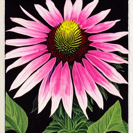 Image similar to echinacea, illustration from a botanical treatise, rich and contrasting colours