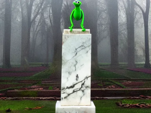 Prompt: A marble memorial statue of Kermit the frog at the graveyard, foggy day