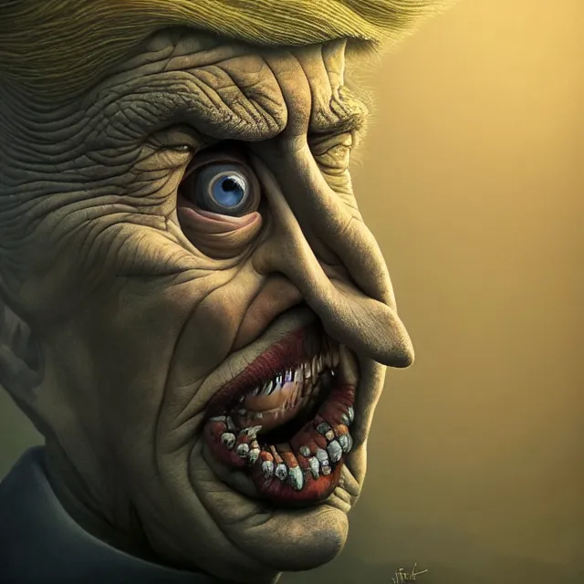 Image similar to gediminas pranckevicius | close up portrait of a the trump in the sinister valley of despair, one mouth, one nose, two eyes, oil painting by tomasz jedruszek, cinematic lighting, pen and ink, intricate line, hd, 4 k, million of likes, trending on artstation