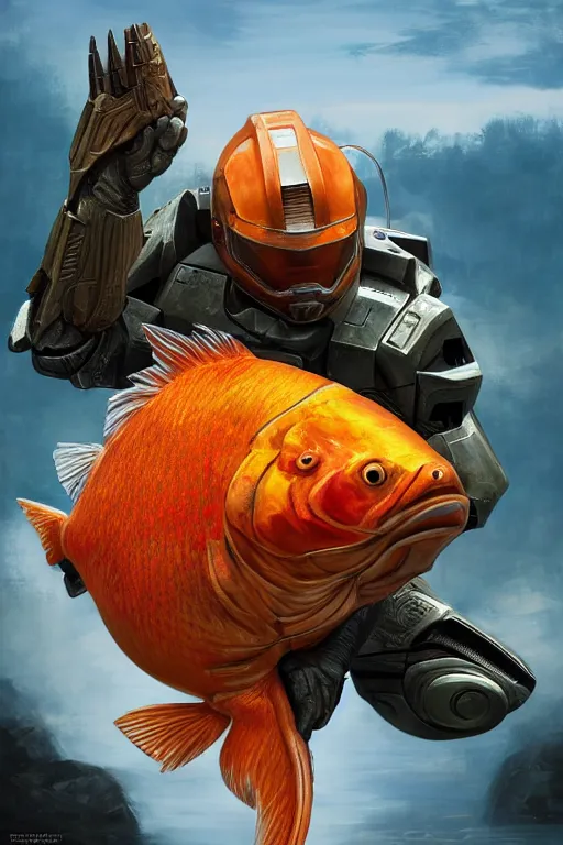 Image similar to magikarp playing as master chief, oil on canvas, intricate, portrait, 8 k highly professionally detailed, hdr, cgsociety