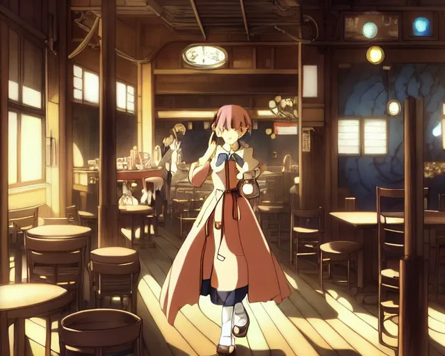 Image similar to anime visual, portrait of a young female walking through a busy tavern interior, face by yoh yoshinari, murata range, last exile, blue submarine no 6, dynamic pose, dynamic perspective, detailed silhouette, cel shaded anime