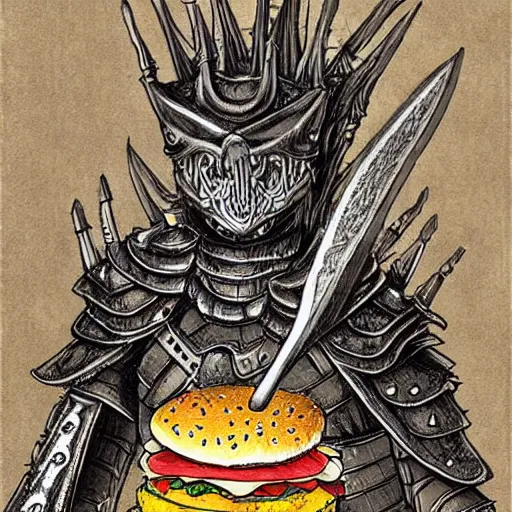 Image similar to intricate detailed burger armor warrior with huge fork weapon, dark fantasy art by kentaro miura