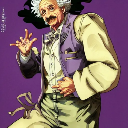 Image similar to Albert Einstein in Jojo\'s Bizarre Adventure, character art, Hirohiko Araki, masterpiece, beautiful, clean lines, dramatic pose, artstation, high detail face, high resolution scan, Hirohiko Araki, Hirohiko Araki, masterpiece