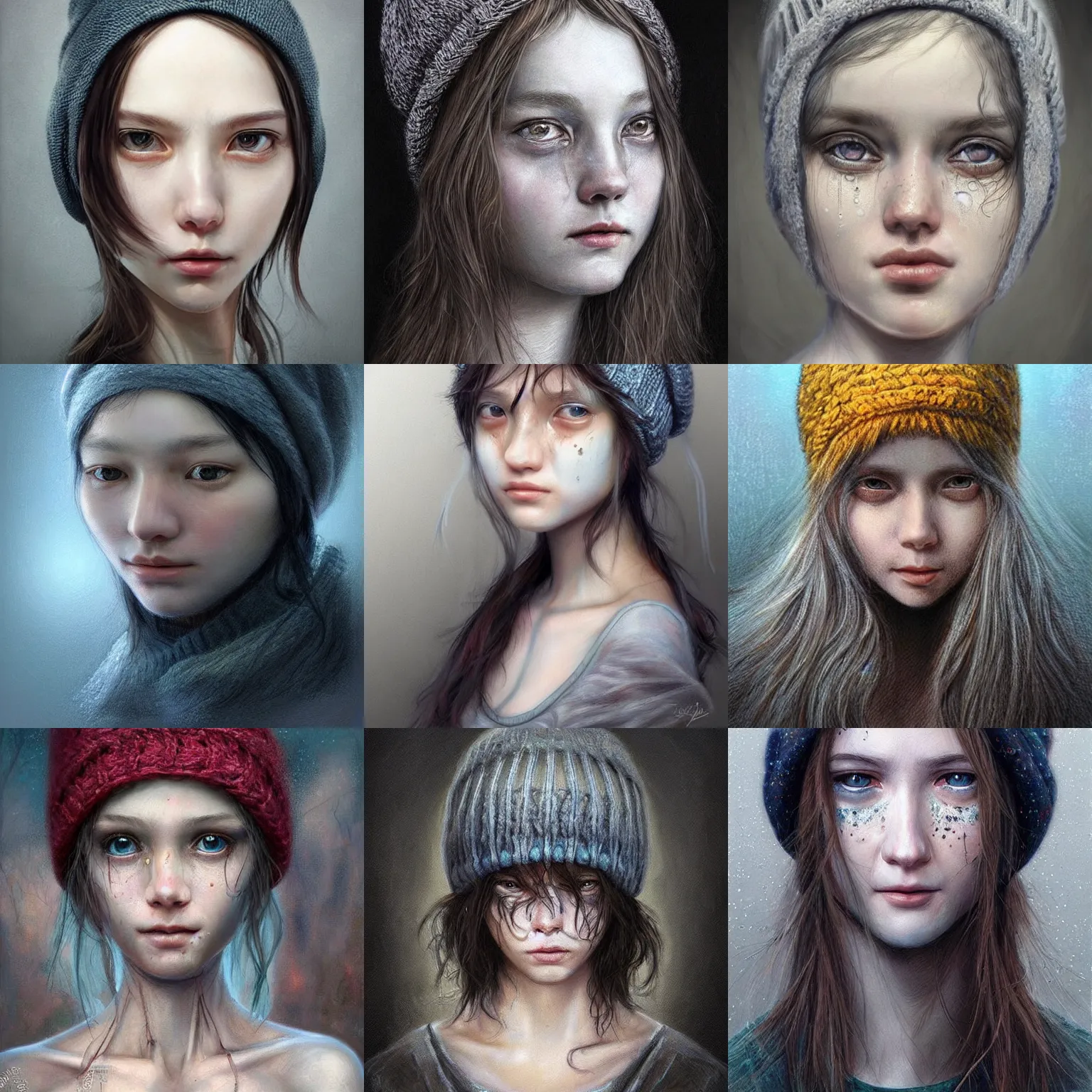 Prompt: portrait of a crying ai artist, detailed clothing, beanie, concept art, artstation, detailed luminescent digital painting by alan lee and artgerm johanna martine giger!!!!!, exquisite masterpiece