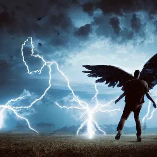 Prompt: Two people: one angel and one devil. Angel battling devil. Scene airborne in the clouds. Background lightning and explosions and black smoke. Backlit