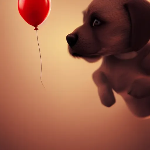 Image similar to puppy flying holding balloons, 8k, fantasy, intricate, cinematic lighting, highly detailed, digital painting, artstation, concept art, smooth, sharp focus, illustration, by Pixar