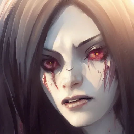 Image similar to female human vampire witch in the style of greg rutkowski, makoto shinkai, trending on artstation, character design, concept art, pretty face, highly detailed, long black hair, portrait, digital art