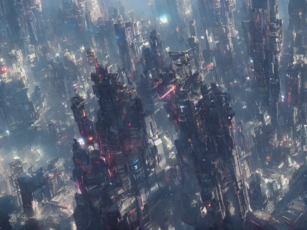 Image similar to looking down on the cyberpunk city from a battleship. cinematic scene, hyperdetailed, extra wide, japanese animation, greg rutkowski, james gurney, johannes voss, marc simonetti on artstation.