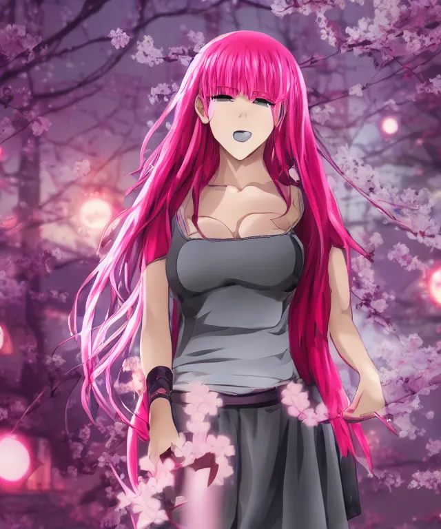 Prompt: anime girl with pink hair, pink flames, video game, cherry blossoms, neo tokyo
