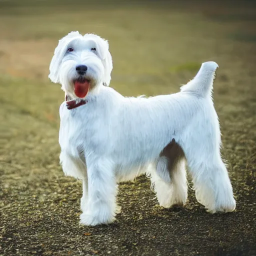 Image similar to photo of a white schnauzer dog with two open wings on his back, 5 5 mm photo