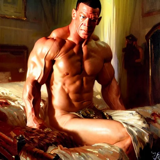 Image similar to john cena ring gear is in his bed, nervous and terrified, because beck lynch from hell is attacking him. highly detailed painting by gaston bussiere, j. c. leyendecker, greg rutkowski, craig mullins 8 k
