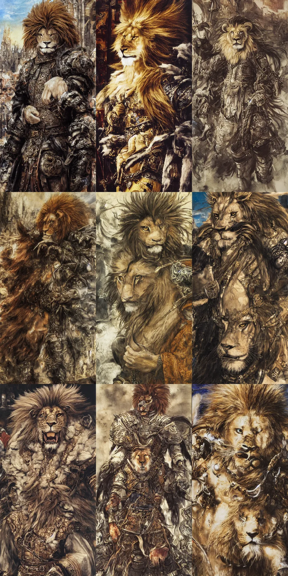 Image similar to 8 k yoshitaka amano painting of upper body of a young cool looking lion beastman with white mane at a medieval market at windy day. depth of field. he is wearing complex fantasy clothing. he has huge paws. renaissance style lighting.