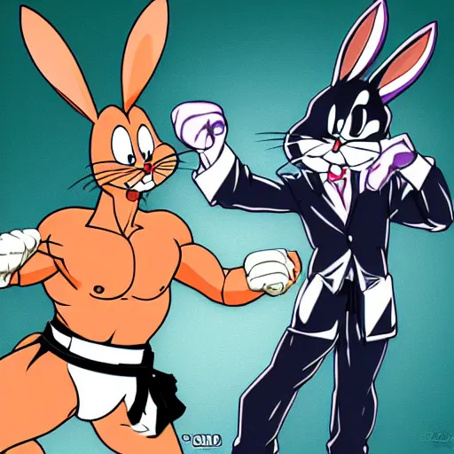 Prompt: Yujiro Hanma fighting against Bugs Bunny.