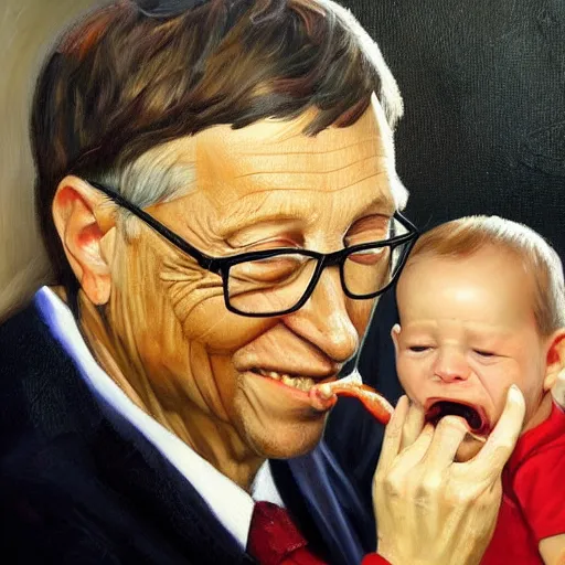 Image similar to masterful oil painting of bill gates eating babies while he talks to the devil, scary