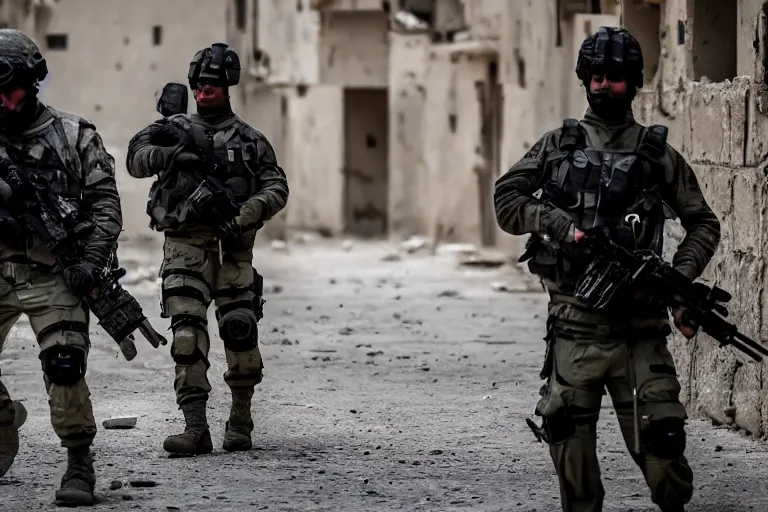 Prompt: Mercenary Special Forces soldiers in grey uniforms with black armored vest and black helmets in urban warfare in Syria 2022, Canon EOS R3, f/1.4, ISO 200, 1/160s, 8K, RAW, unedited, symmetrical balance, in-frame, combat photography