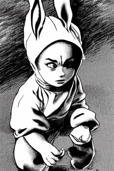 Image similar to attractive little boy wearing an bunny suit, black and white artwork made by kentaro miura