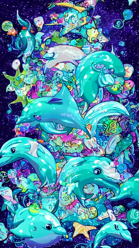 Image similar to y 2 k dolphins, trolls and sparkles, seapunk