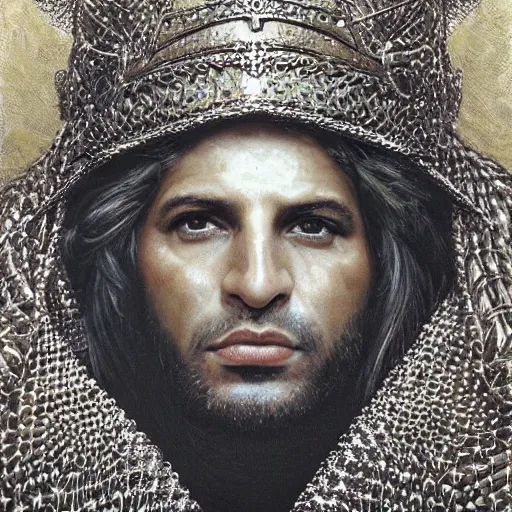 Prompt: portrait of bachir gemayel as king of lebanon, wearing chain mail, intricate face, strong jaw, elegant and proud, highly detailed, centerede, very realistic, smooth, sharp focus, detailed face, art by donato giancola, artgerm and brian froud