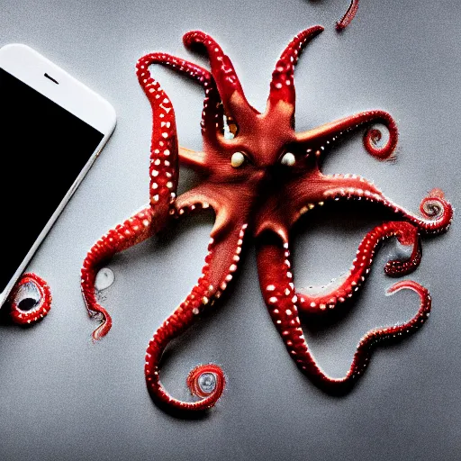 Image similar to closeup studio photograph of an octopus holding an iphone, dramatic lighting, edited in photoshop