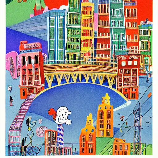 Image similar to colorful city with towers, bridges, stairs, inhabited by creatures, by dr seuss