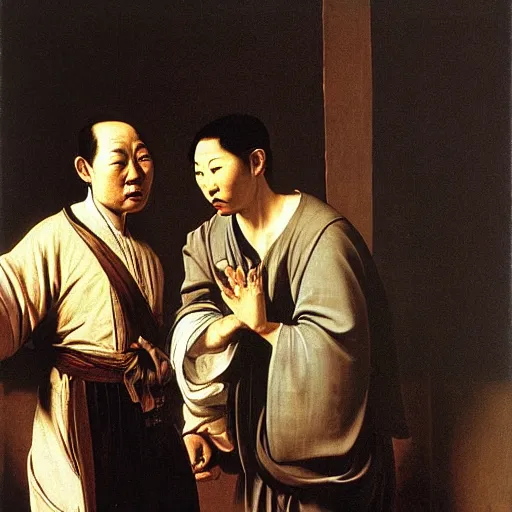 Image similar to traveler from the far east talking to a westerner, by caravaggio