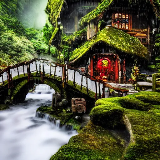 Prompt: spring festival at medieval hobbit village, ornate, beautiful, atmosphere, vibe, mist, smoke, fire, chimney, rain, wet, pristine, puddles, waterfall, melting, dripping, snow, creek, moss, ice, bridge, lightning, cobble, rainforest, roses, flowers, color page, 4 k, contest winner