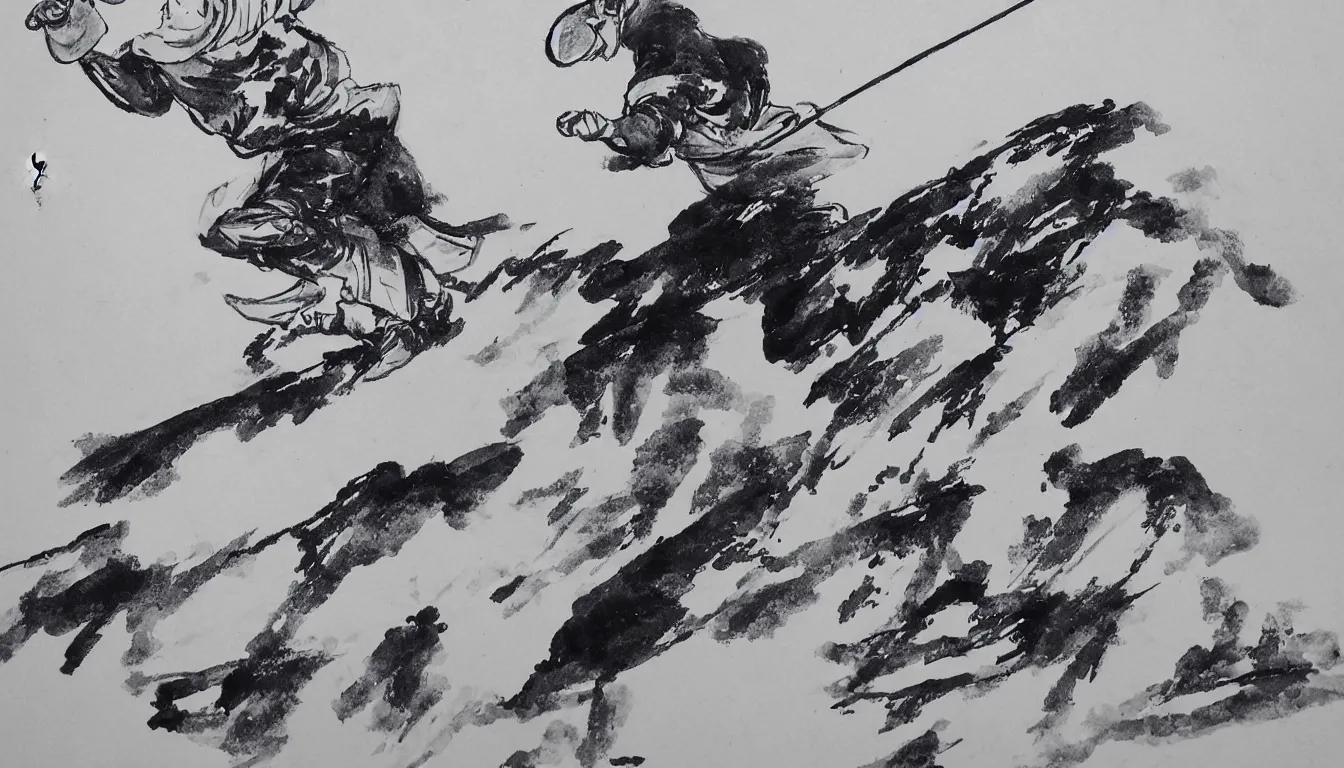 Prompt: traditional chinese ink drawing of a skier, ultra detailed